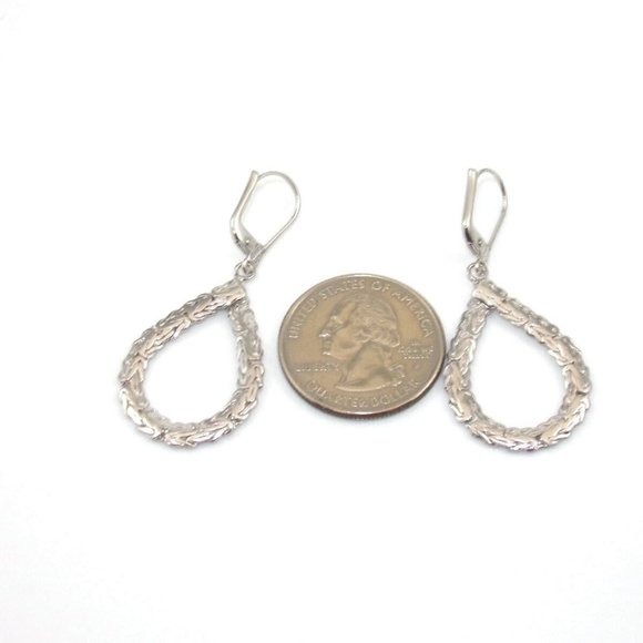 Signed AK Sterling Silver Byzantine Drop Dangle Pear Hoop Earrings - Picture 2 of 5